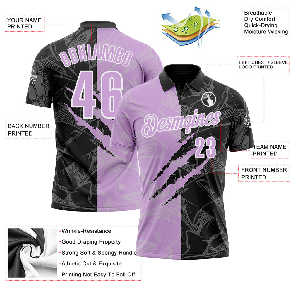 Custom Graffiti Pattern Light Purple Black-White 3D Scratch Performance Polo Shirt view 3