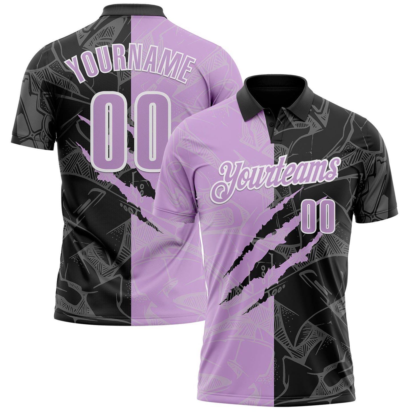 Custom Graffiti Pattern Light Purple Black-White 3D Scratch Performance Polo Shirt - Main View