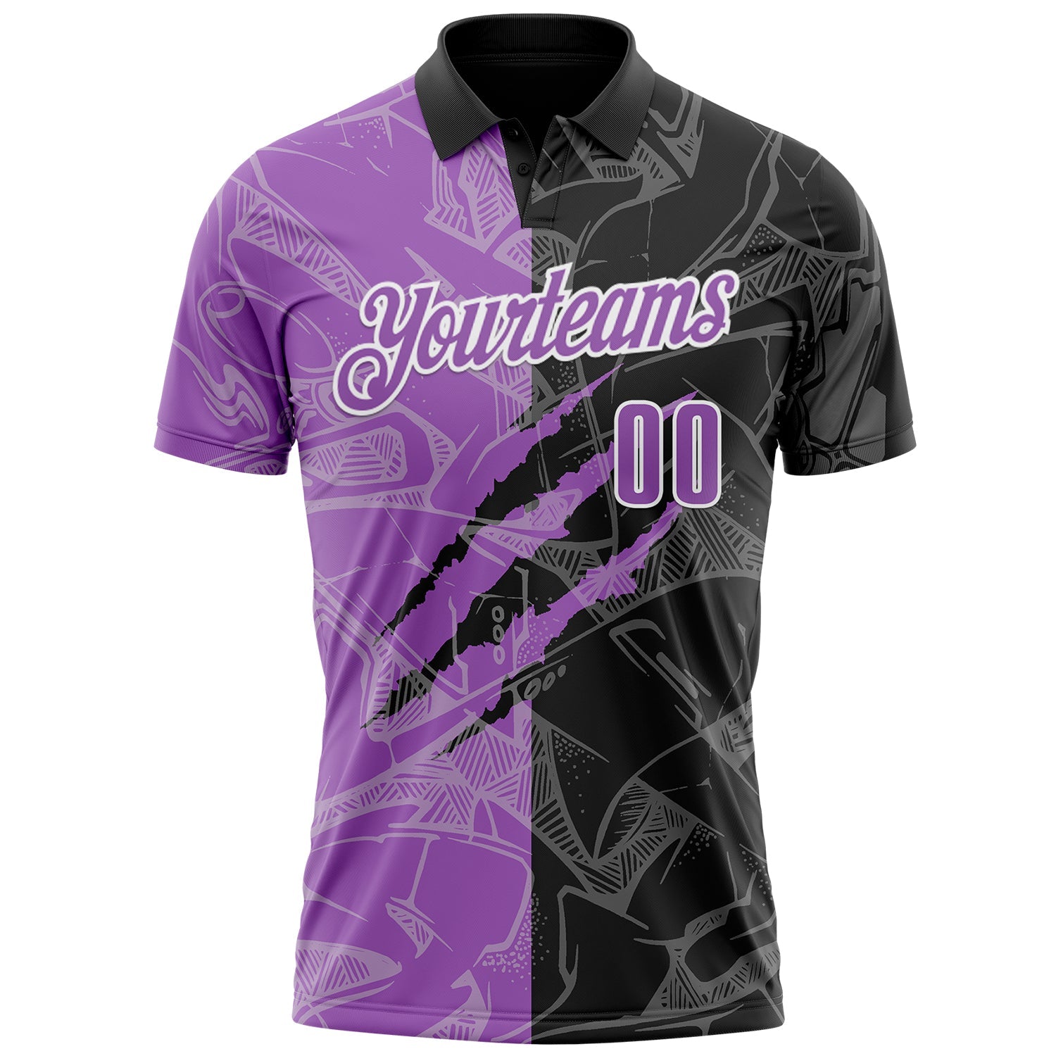 Custom Graffiti Pattern Medium Purple Black-White 3D Scratch Performance Polo Shirt view 2