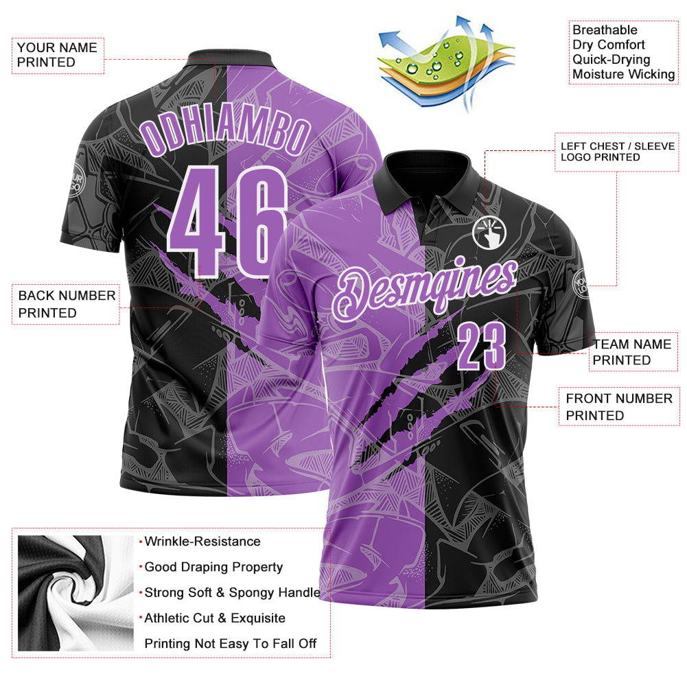 Custom Graffiti Pattern Medium Purple Black-White 3D Scratch Performance Polo Shirt view 3