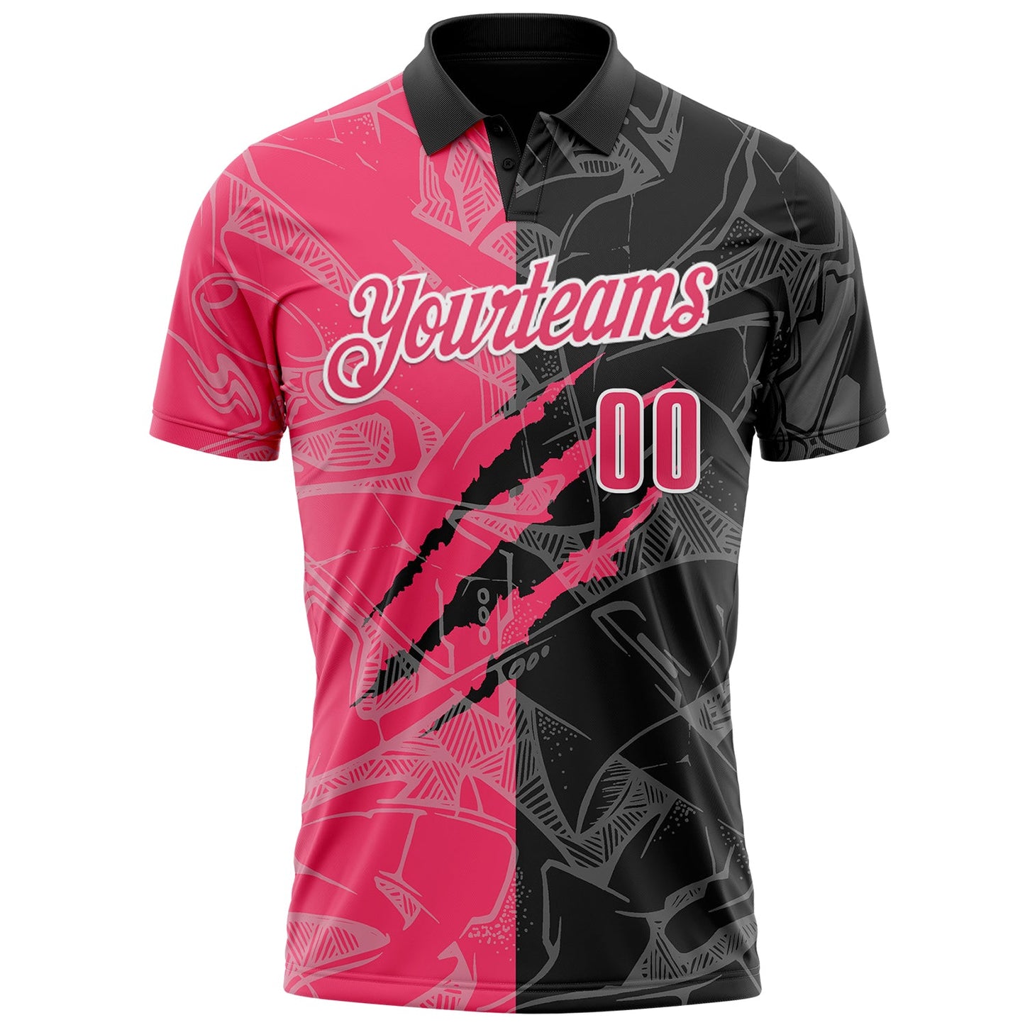 Custom Graffiti Pattern Neon Pink Black-White 3D Scratch Performance Polo Shirt view 2
