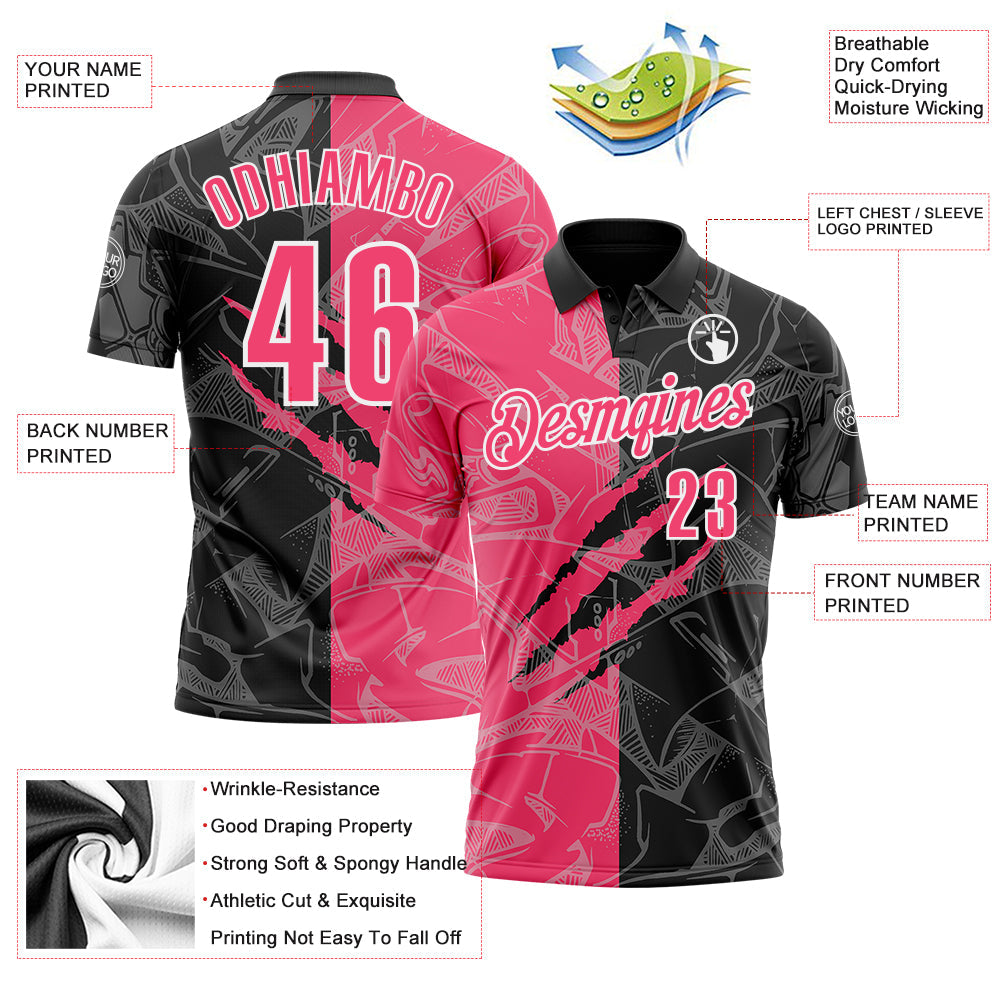 Custom Graffiti Pattern Neon Pink Black-White 3D Scratch Performance Polo Shirt view 3