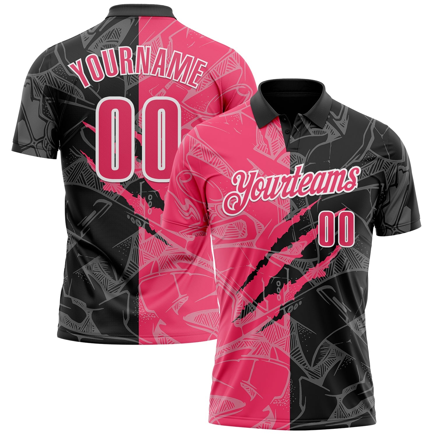 Custom Graffiti Pattern Neon Pink Black-White 3D Scratch Performance Polo Shirt - Main View