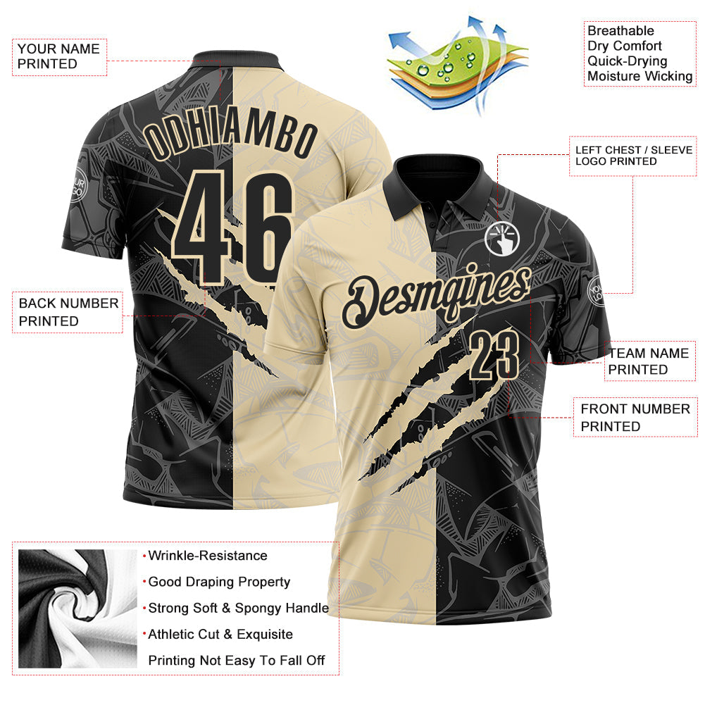 Custom Graffiti Pattern Black-Cream 3D Scratch Performance Polo Shirt view 3