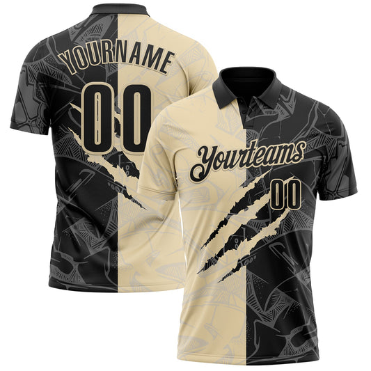 Custom Graffiti Pattern Black-Cream 3D Scratch Performance Polo Shirt - Main View