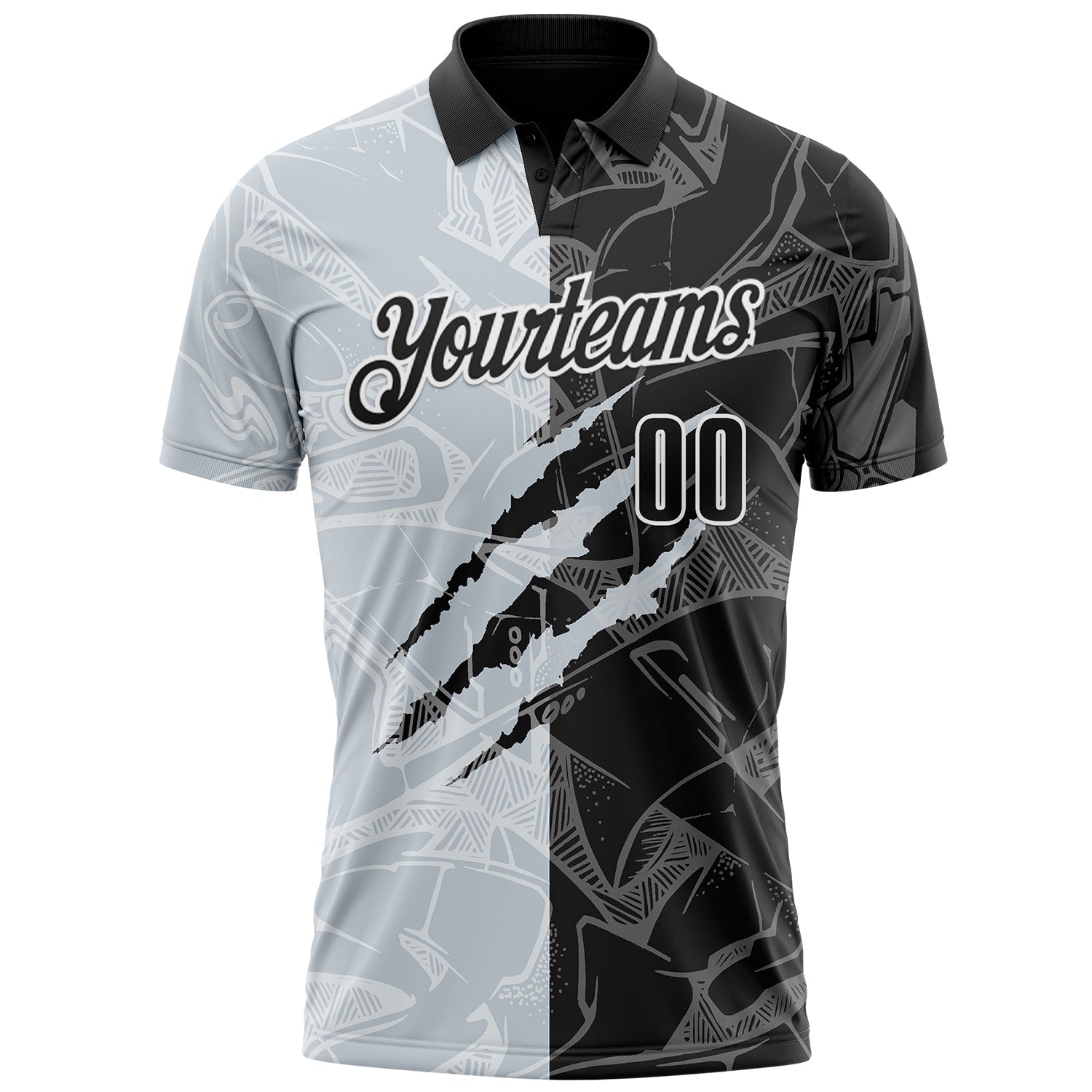 Custom Graffiti Pattern Black Silver-White 3D Scratch Performance Polo Shirt view 2