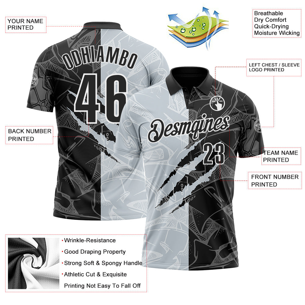 Custom Graffiti Pattern Black Silver-White 3D Scratch Performance Polo Shirt view 3