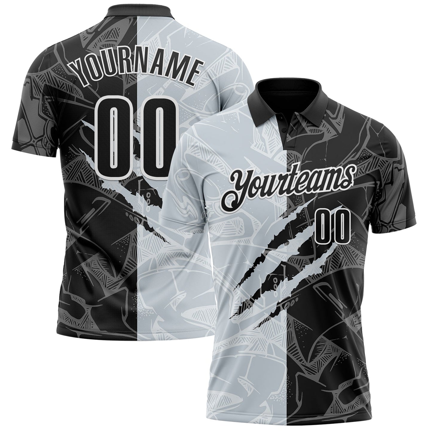 Custom Graffiti Pattern Black Silver-White 3D Scratch Performance Polo Shirt - Main View