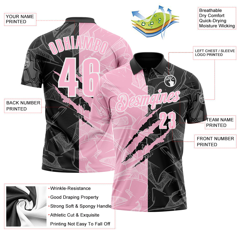 Custom Graffiti Pattern Light Pink Black-White 3D Scratch Performance Polo Shirt view 3