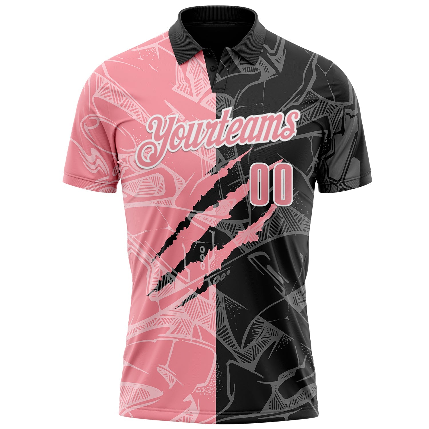 Custom Graffiti Pattern Medium Pink Black-White 3D Scratch Performance Polo Shirt view 2