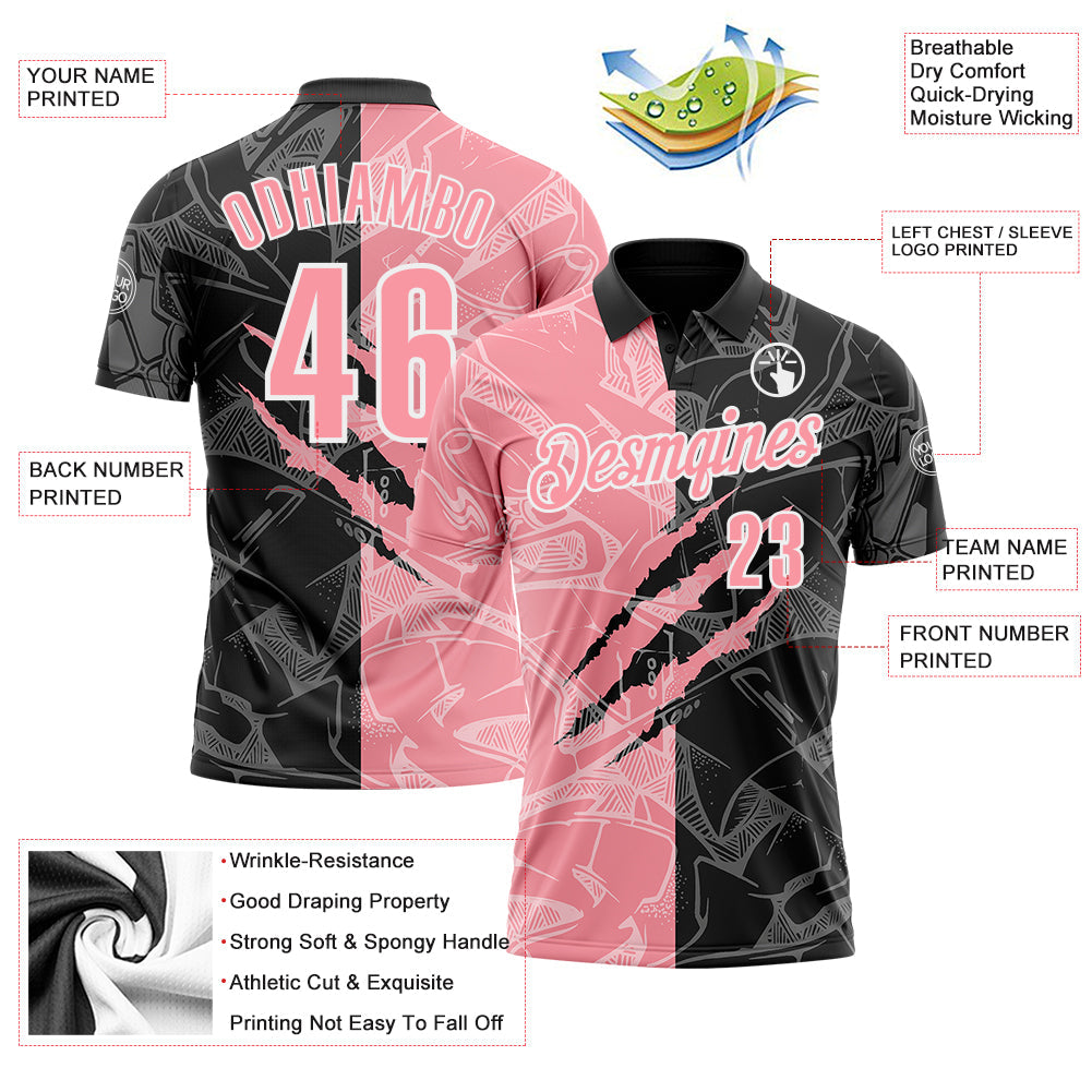 Custom Graffiti Pattern Medium Pink Black-White 3D Scratch Performance Polo Shirt view 3