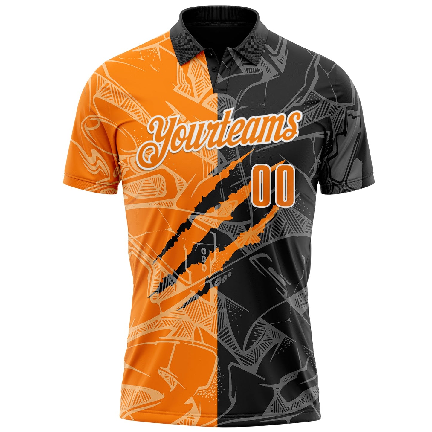 Custom Graffiti Pattern Bay Orange Black-White 3D Scratch Performance Polo Shirt view 2