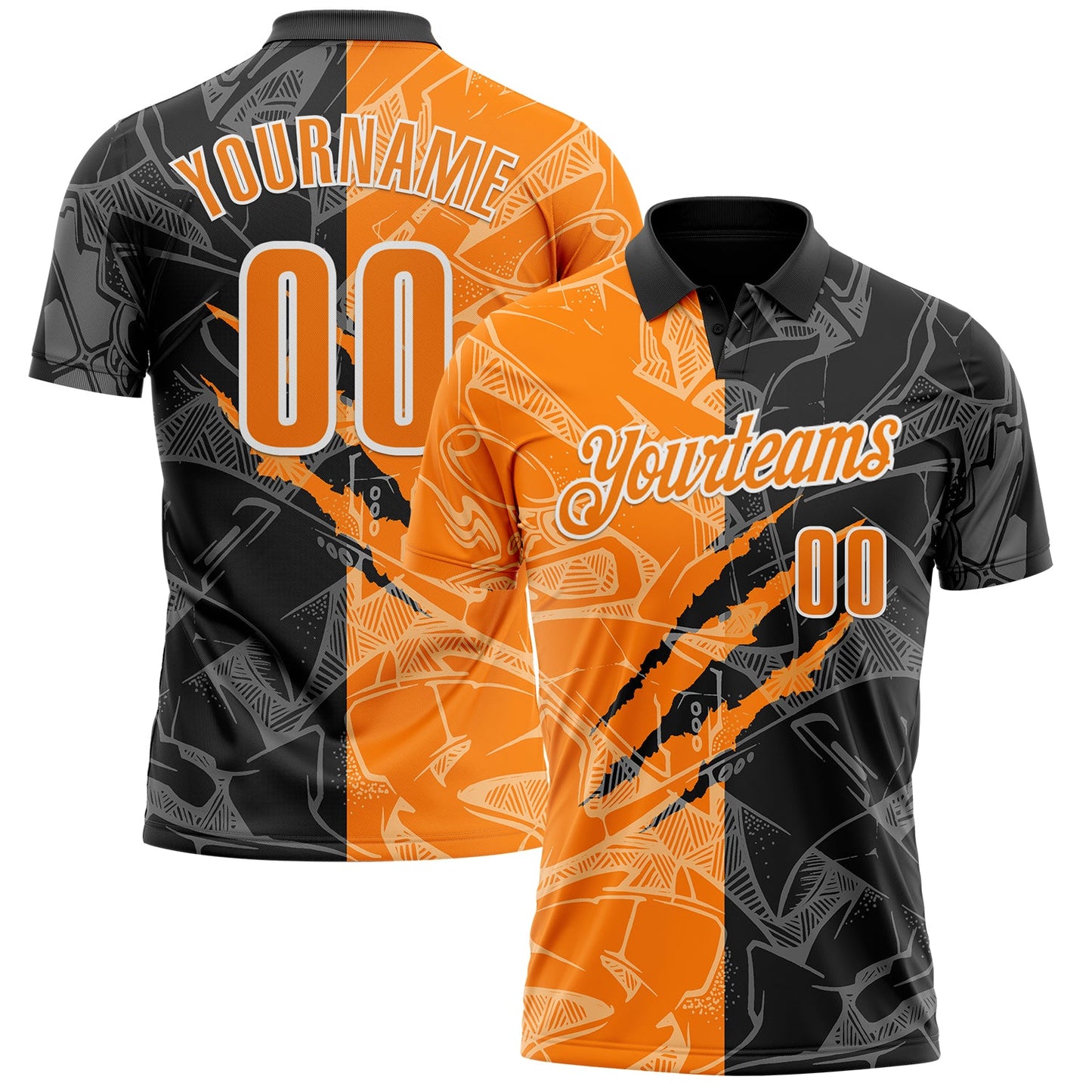 Custom Graffiti Pattern Bay Orange Black-White 3D Scratch Performance Polo Shirt - Main View