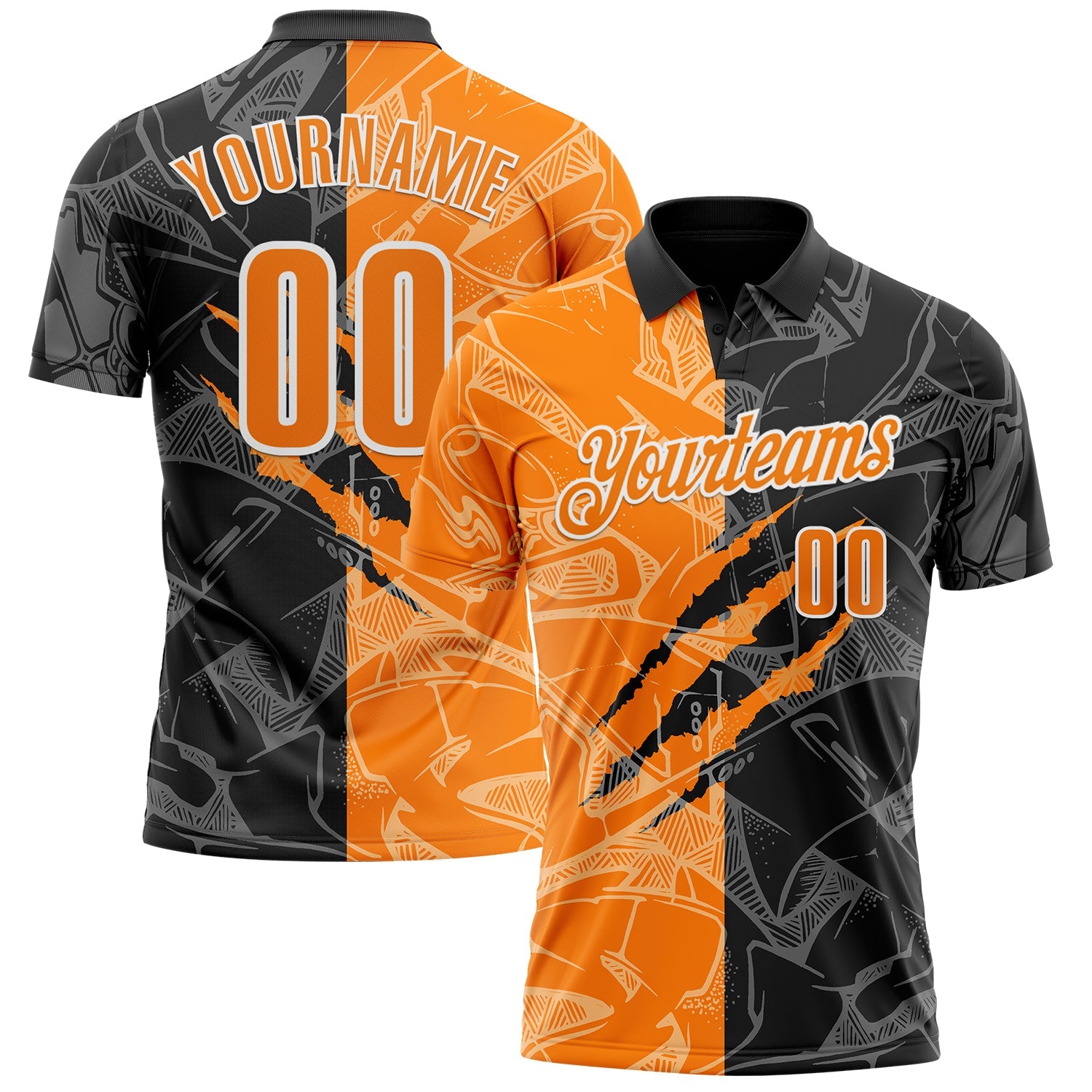 Custom Graffiti Pattern Bay Orange Black-White 3D Scratch Performance Polo Shirt - Main View