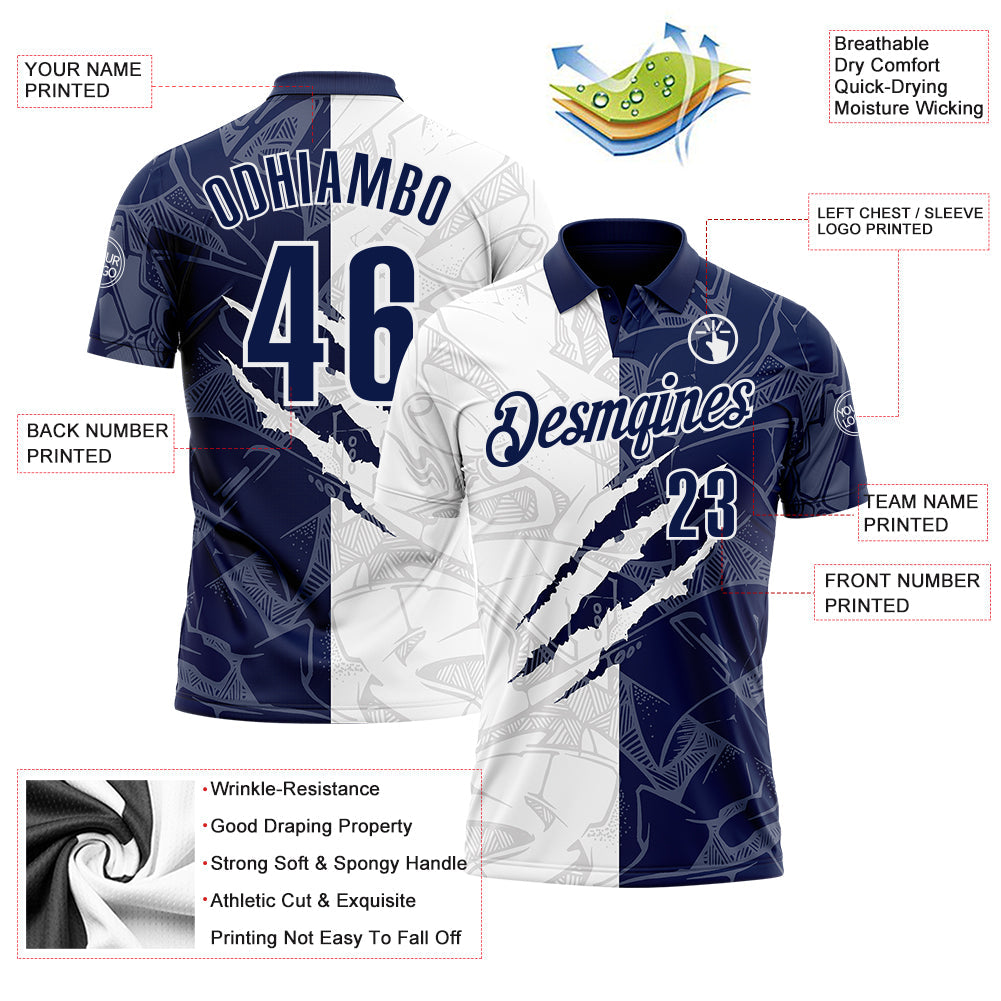 Custom Graffiti Pattern Navy-White 3D Scratch Performance Polo Shirt view 3