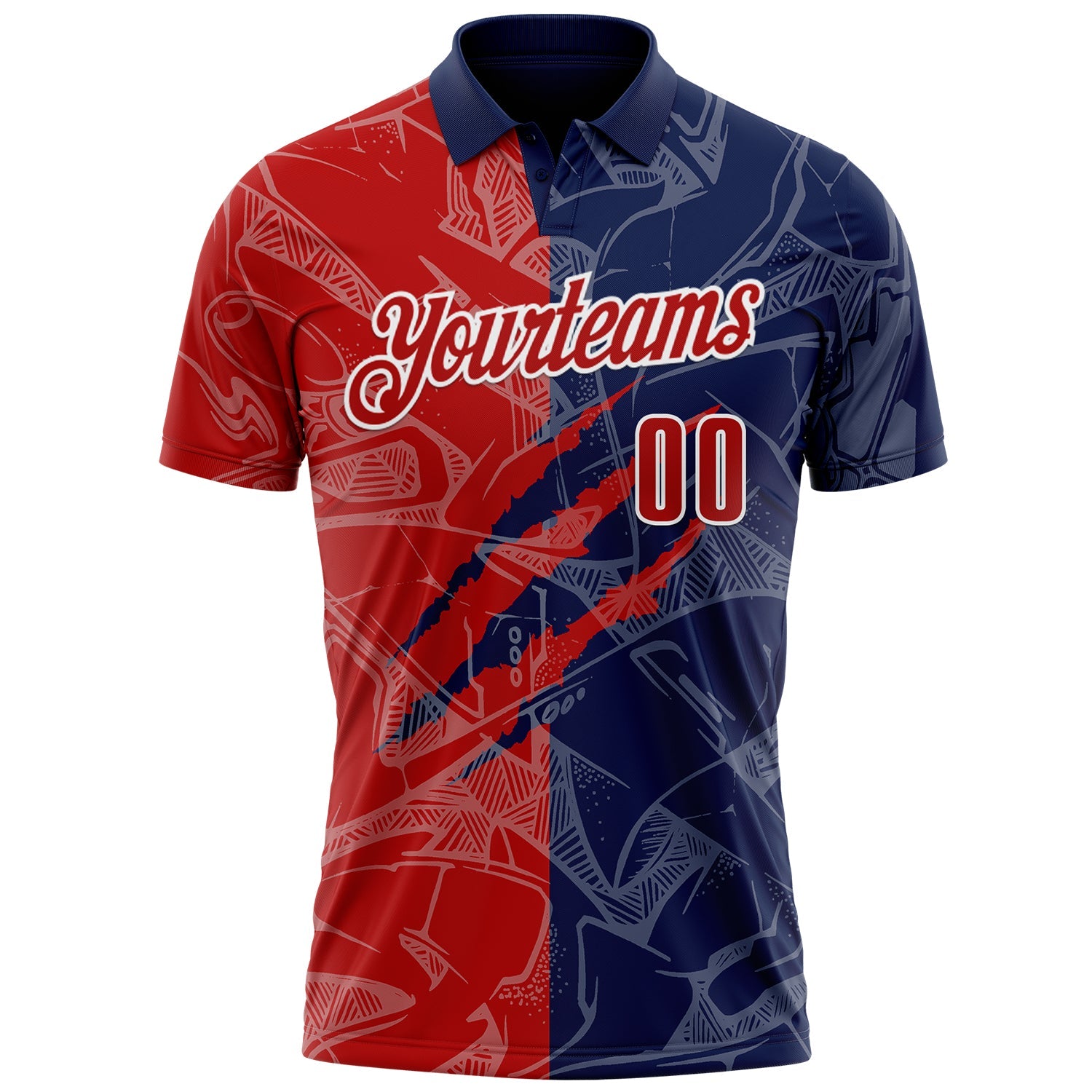 Custom Graffiti Pattern Red Navy-White 3D Scratch Performance Polo Shirt view 2