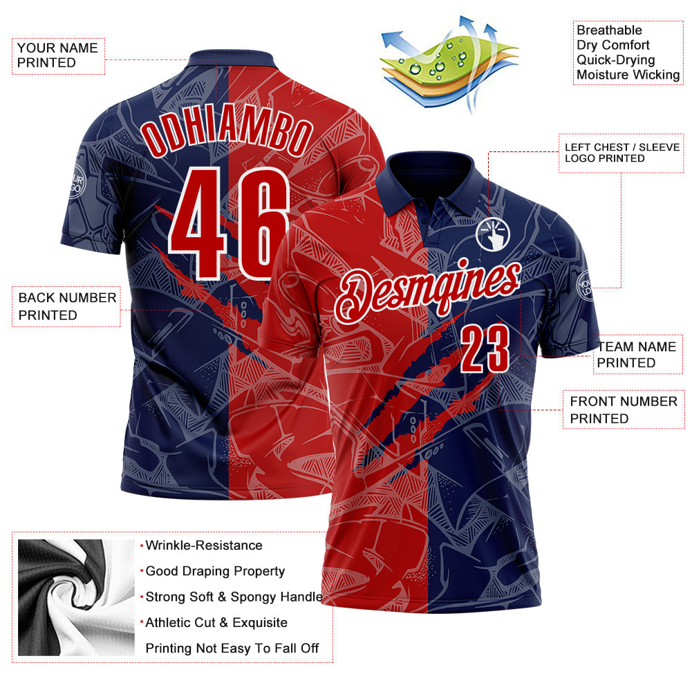 Custom Graffiti Pattern Red Navy-White 3D Scratch Performance Polo Shirt view 3