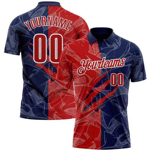 Custom Graffiti Pattern Red Navy-White 3D Scratch Performance Polo Shirt - Main View