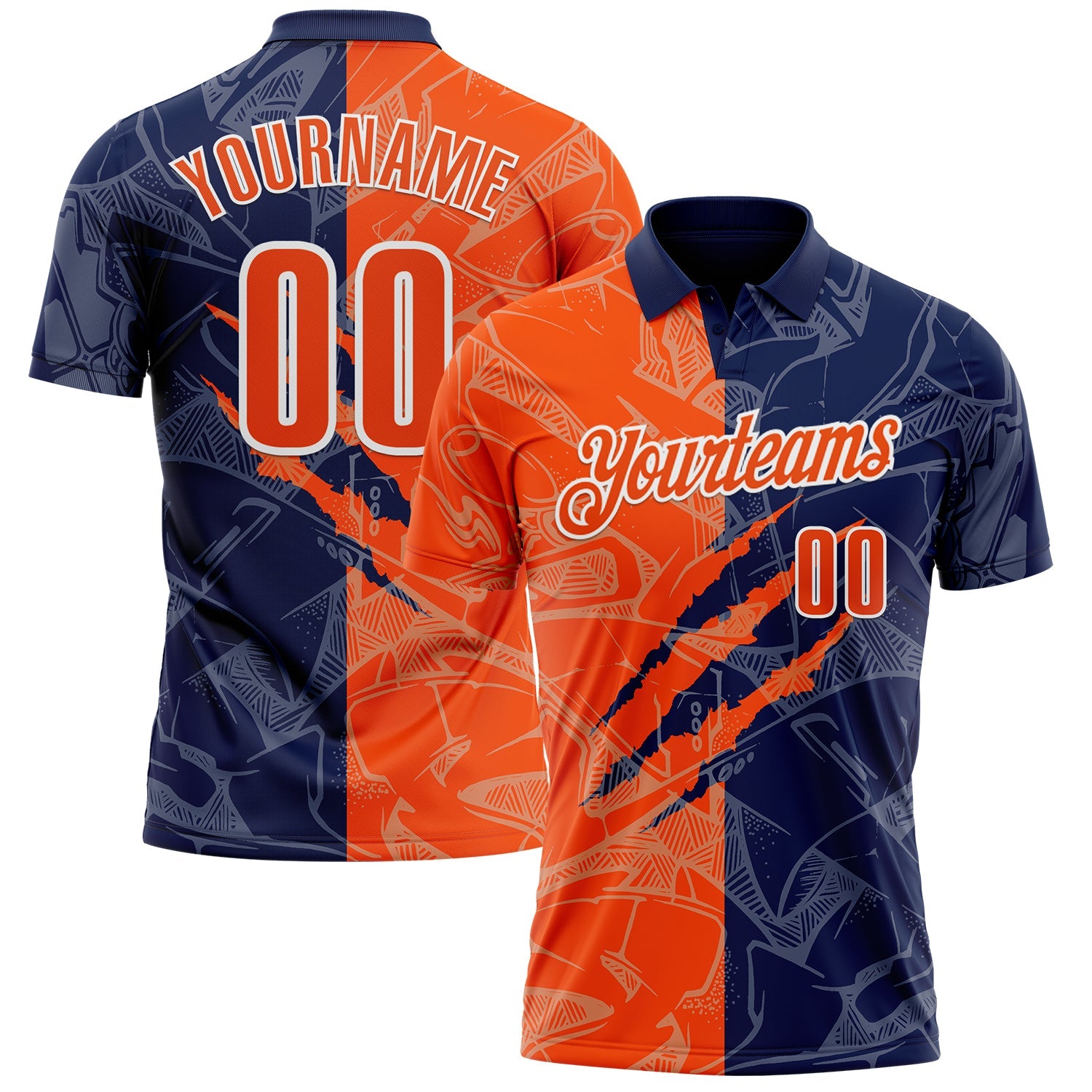 Custom Graffiti Pattern Orange Navy-White 3D Scratch Performance Polo Shirt - Main View
