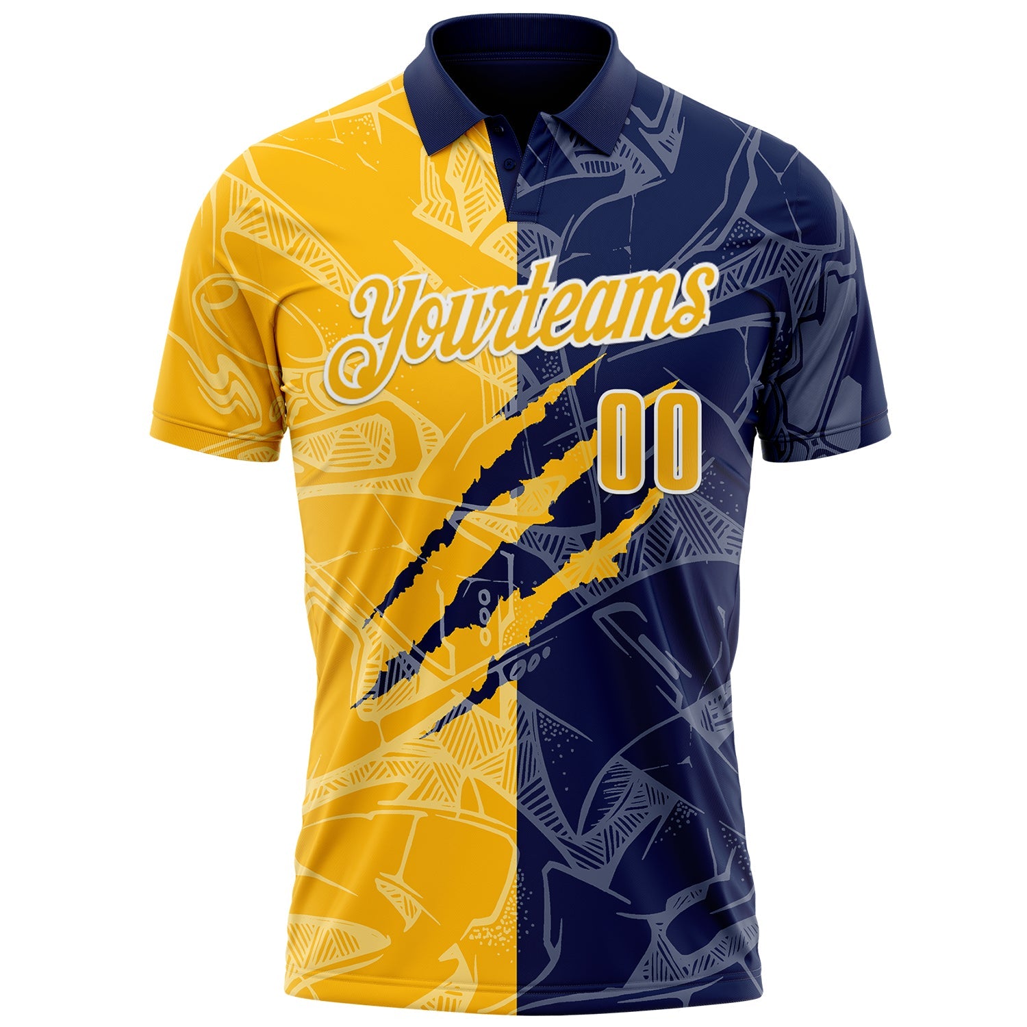 Custom Graffiti Pattern Gold Navy-White 3D Scratch Performance Polo Shirt view 2