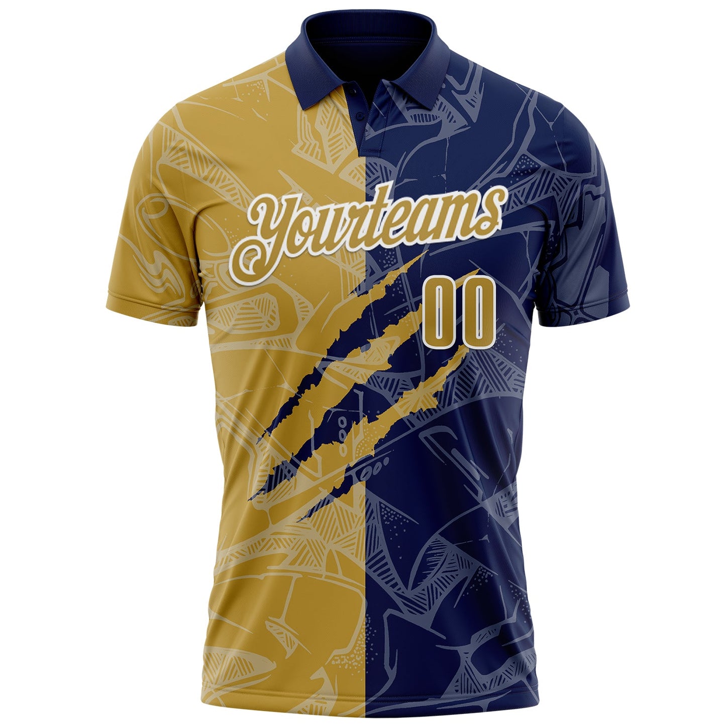Custom Graffiti Pattern Old Gold Navy-White 3D Scratch Performance Polo Shirt view 2