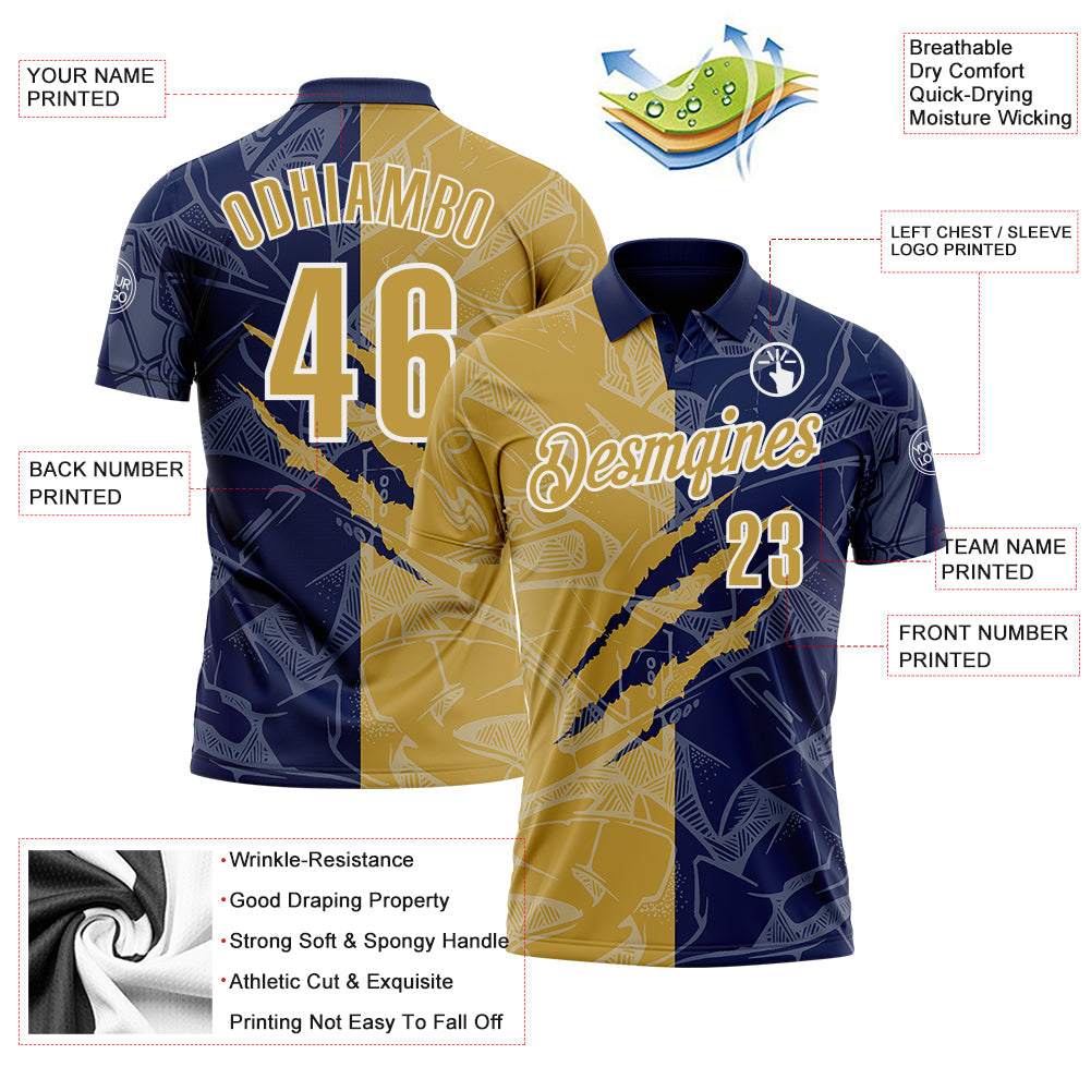 Custom Graffiti Pattern Old Gold Navy-White 3D Scratch Performance Polo Shirt view 3