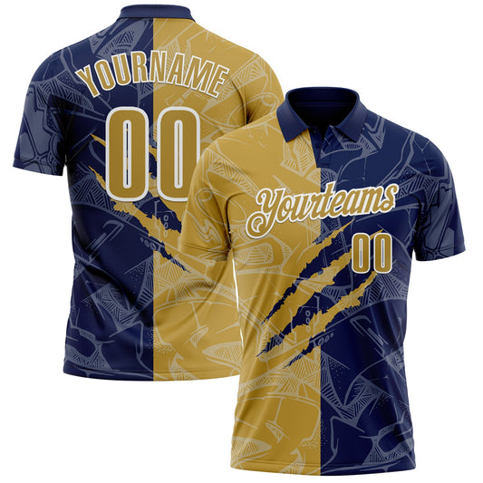 Custom Graffiti Pattern Old Gold Navy-White 3D Scratch Performance Polo Shirt - Main View