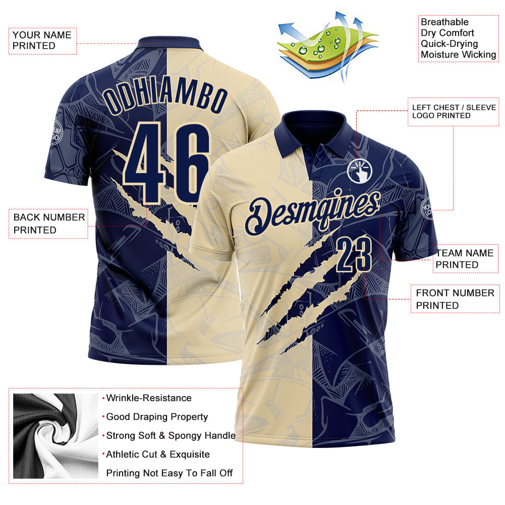 Custom Graffiti Pattern Navy-Cream 3D Scratch Performance Polo Shirt view 3