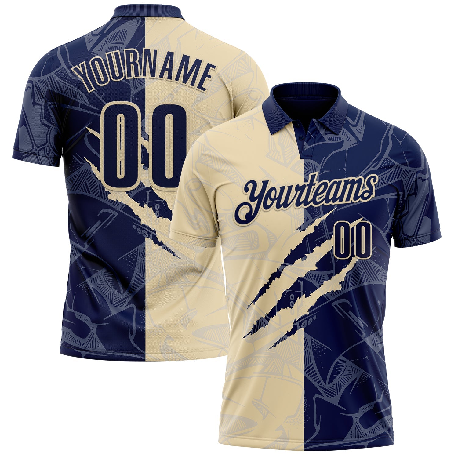 Custom Graffiti Pattern Navy-Cream 3D Scratch Performance Polo Shirt - Main View
