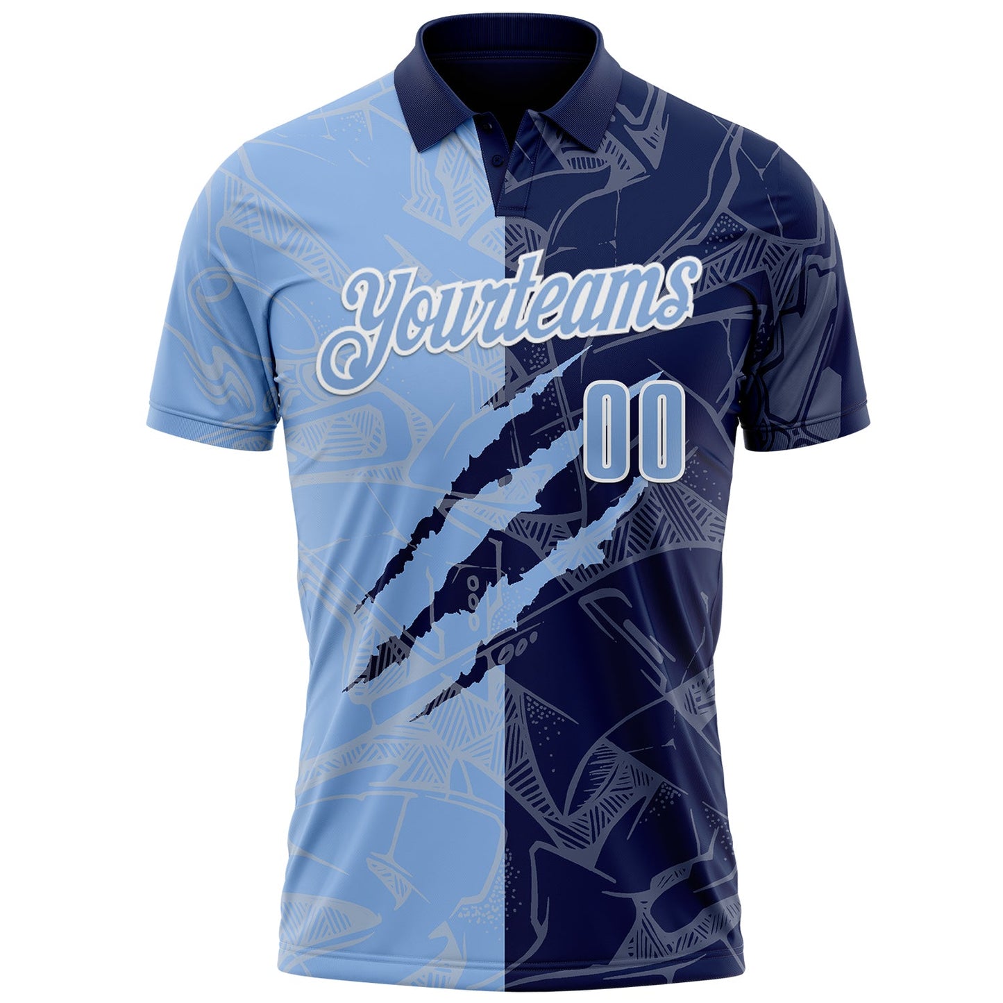 Custom Graffiti Pattern Light Blue Navy-White 3D Scratch Performance Polo Shirt view 2