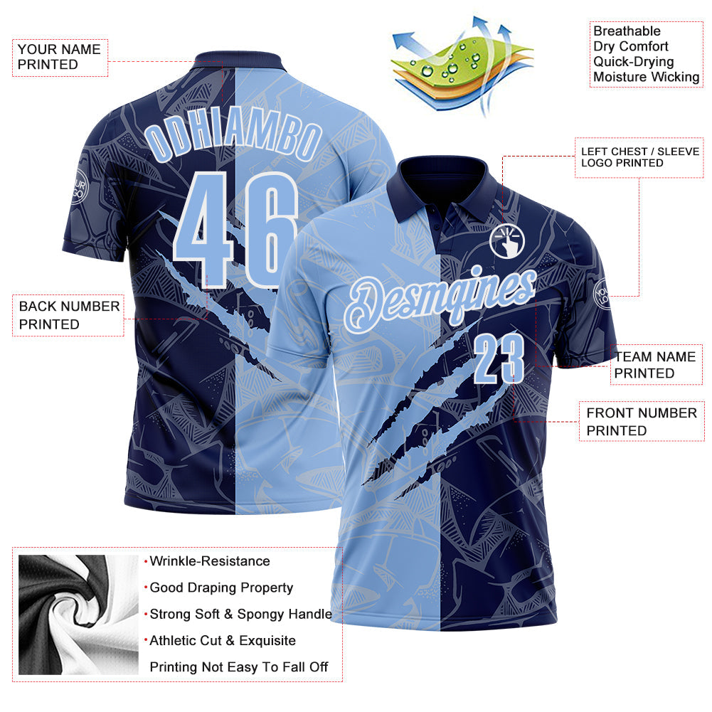 Custom Graffiti Pattern Light Blue Navy-White 3D Scratch Performance Polo Shirt view 3