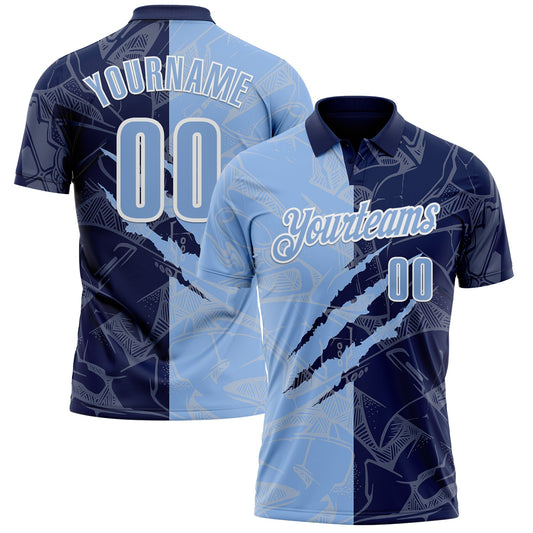 Custom Graffiti Pattern Light Blue Navy-White 3D Scratch Performance Polo Shirt - Main View
