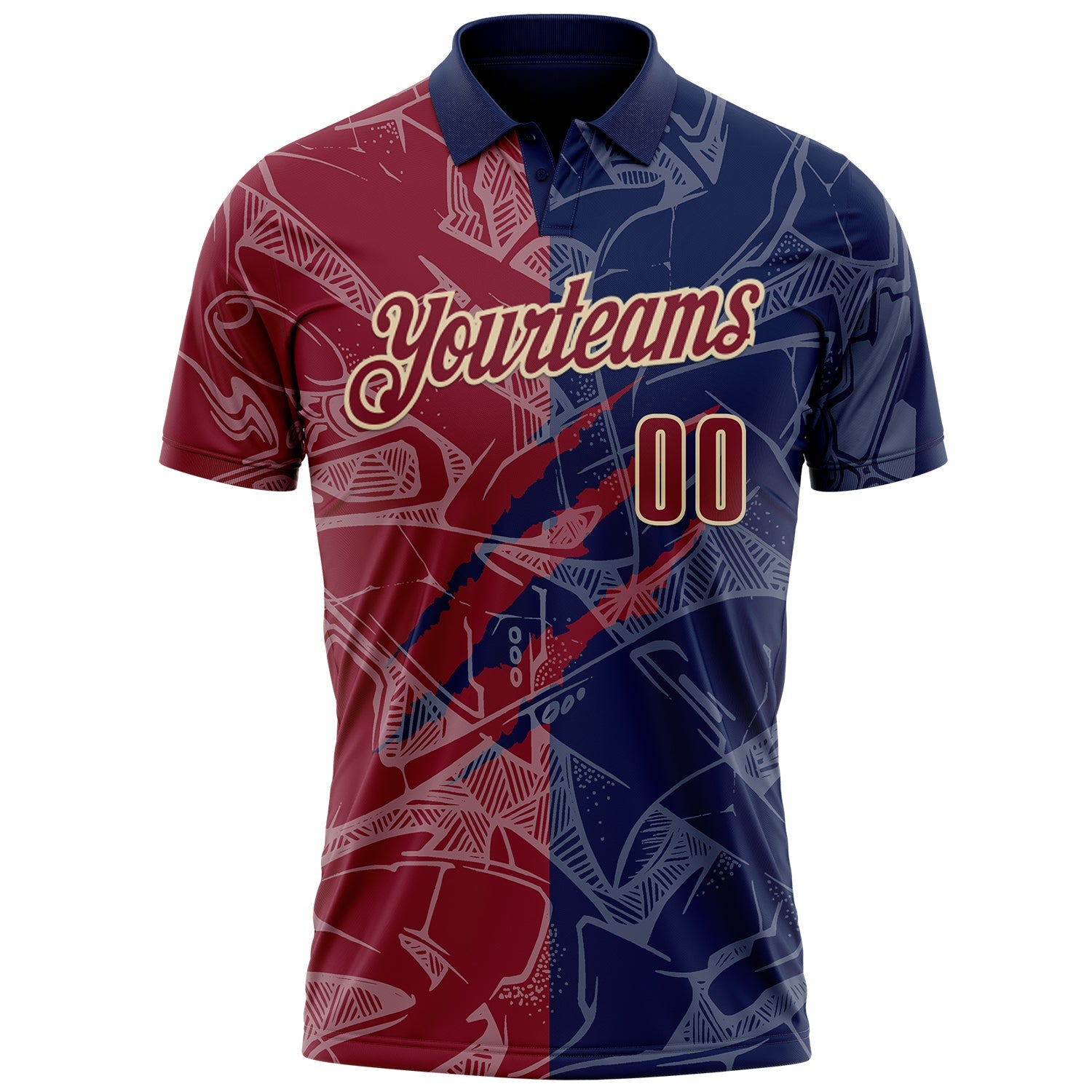 Custom Graffiti Pattern Crimson Navy-Cream 3D Scratch Performance Polo Shirt view 2