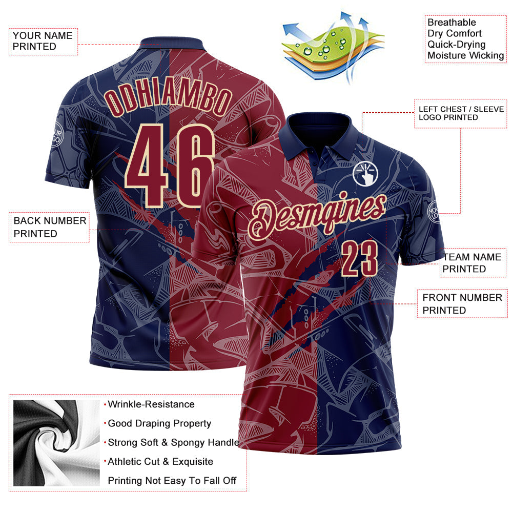 Custom Graffiti Pattern Crimson Navy-Cream 3D Scratch Performance Polo Shirt view 3