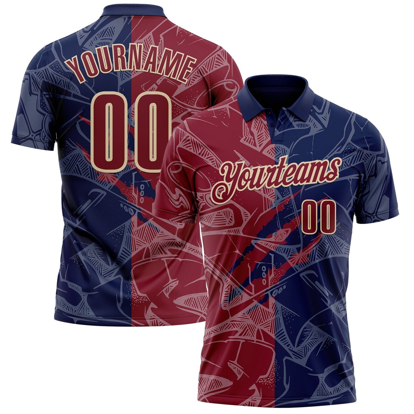 Custom Graffiti Pattern Crimson Navy-Cream 3D Scratch Performance Polo Shirt - Main View