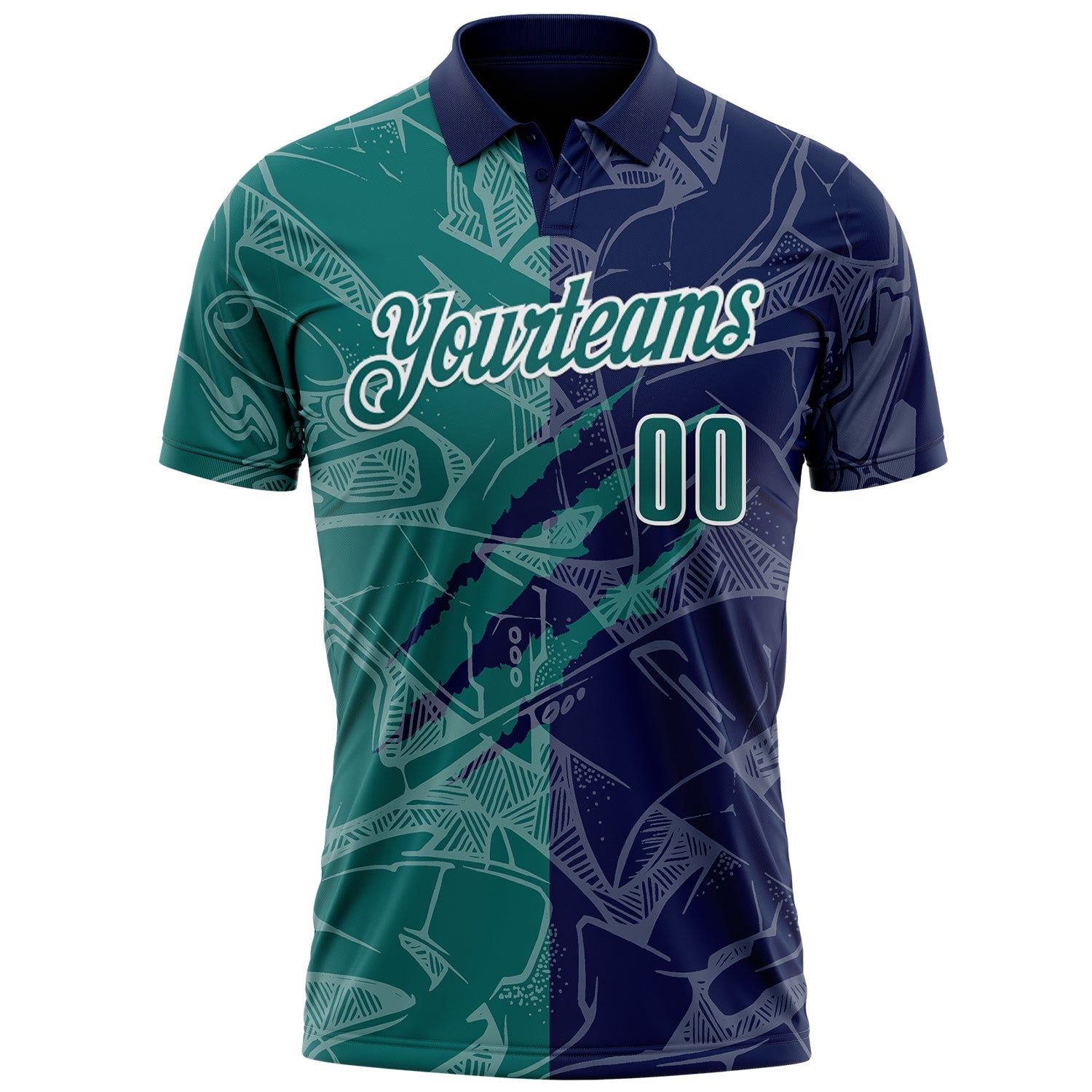 Custom Graffiti Pattern Teal Navy-White 3D Scratch Performance Polo Shirt view 2