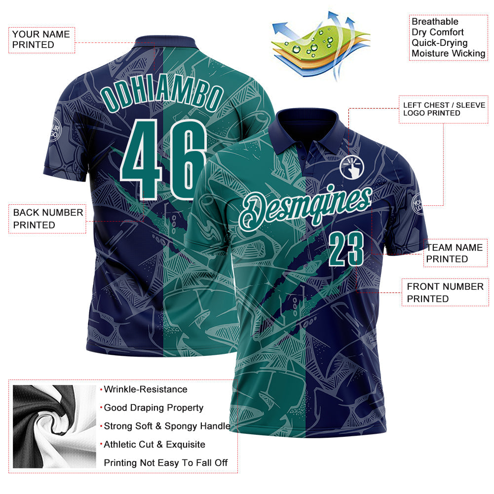 Custom Graffiti Pattern Teal Navy-White 3D Scratch Performance Polo Shirt view 3