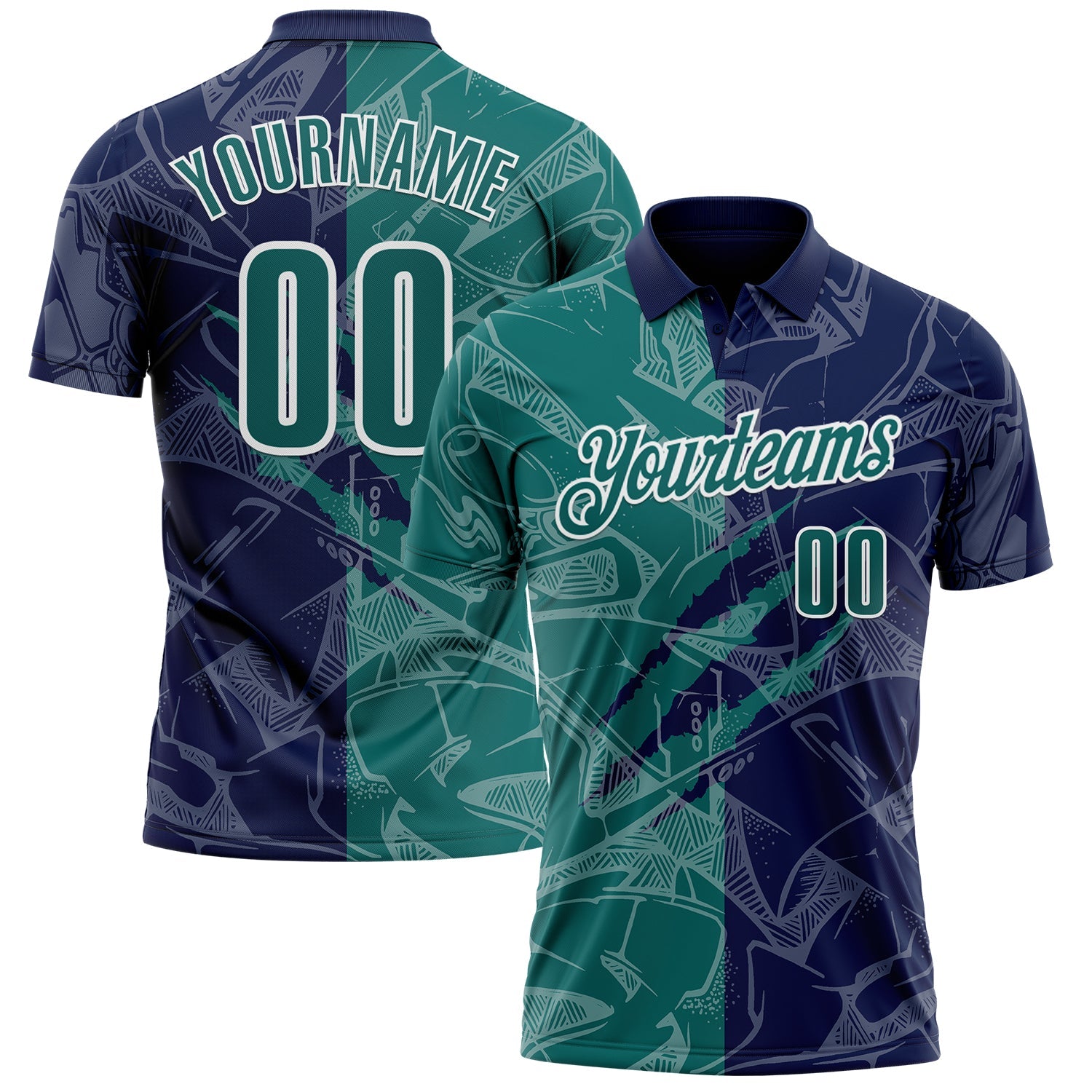 Custom Graffiti Pattern Teal Navy-White 3D Scratch Performance Polo Shirt - Main View
