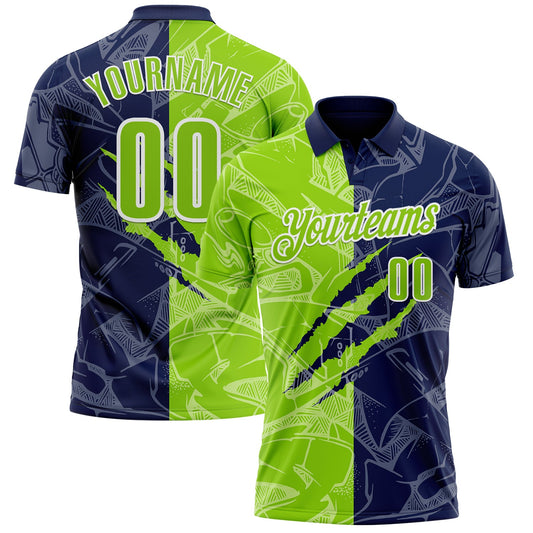 Custom Graffiti Pattern Neon Green Navy-White 3D Scratch Performance Polo Shirt - Main View