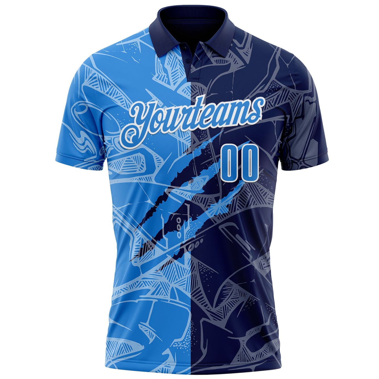 Custom Graffiti Pattern Powder Blue Navy-White 3D Scratch Performance Polo Shirt view 2