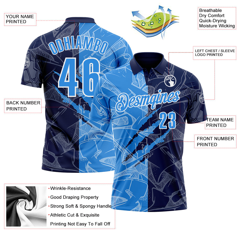 Custom Graffiti Pattern Powder Blue Navy-White 3D Scratch Performance Polo Shirt view 3