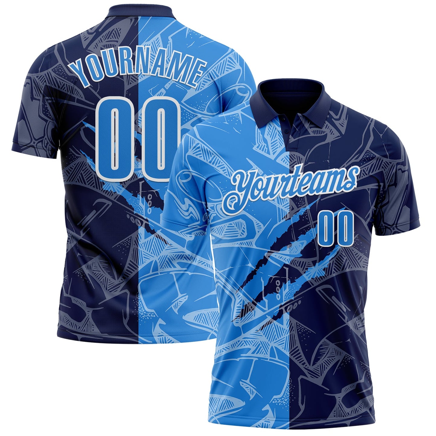 Custom Graffiti Pattern Powder Blue Navy-White 3D Scratch Performance Polo Shirt - Main View