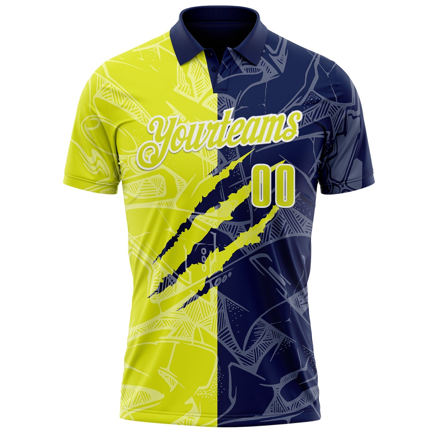 Custom Graffiti Pattern Neon Yellow Navy-White 3D Scratch Performance Polo Shirt view 2