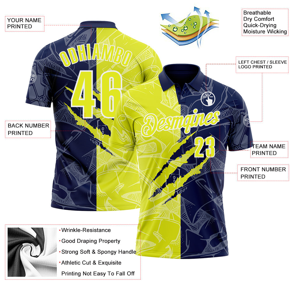 Custom Graffiti Pattern Neon Yellow Navy-White 3D Scratch Performance Polo Shirt view 3