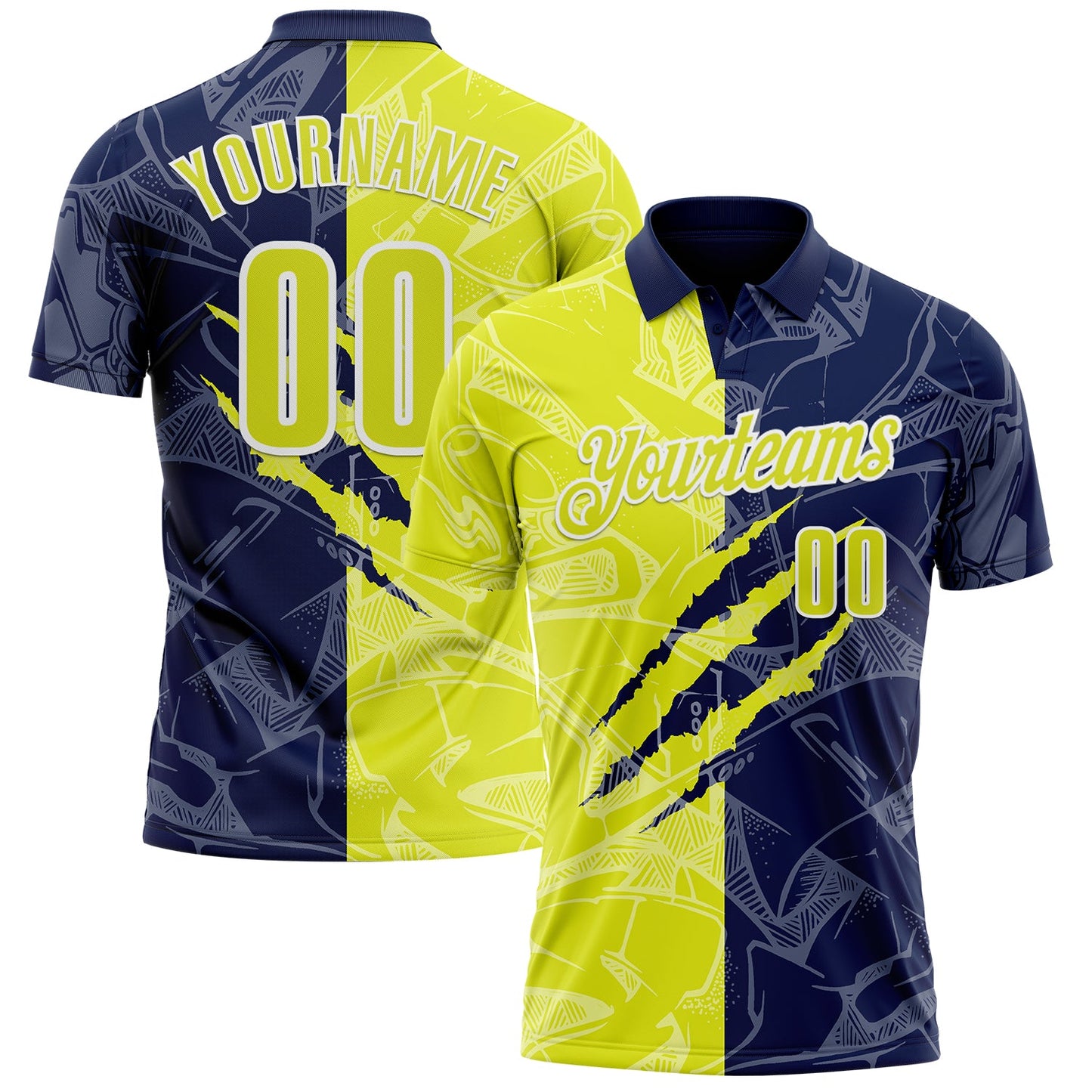 Custom Graffiti Pattern Neon Yellow Navy-White 3D Scratch Performance Polo Shirt - Main View