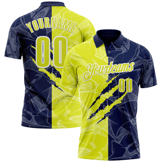 Custom Graffiti Pattern Neon Yellow Navy-White 3D Scratch Performance Polo Shirt - Main View