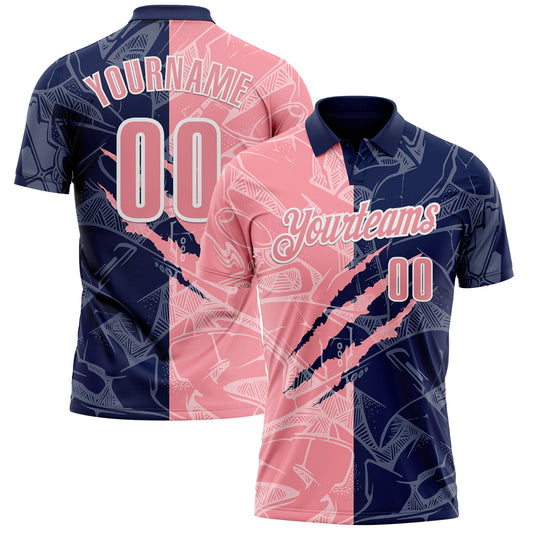 Custom Graffiti Pattern Medium Pink Navy-White 3D Scratch Performance Polo Shirt - Main View