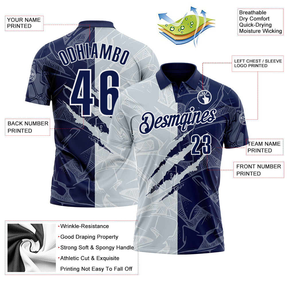 Custom Graffiti Pattern Navy Silver-White 3D Scratch Performance Polo Shirt view 3