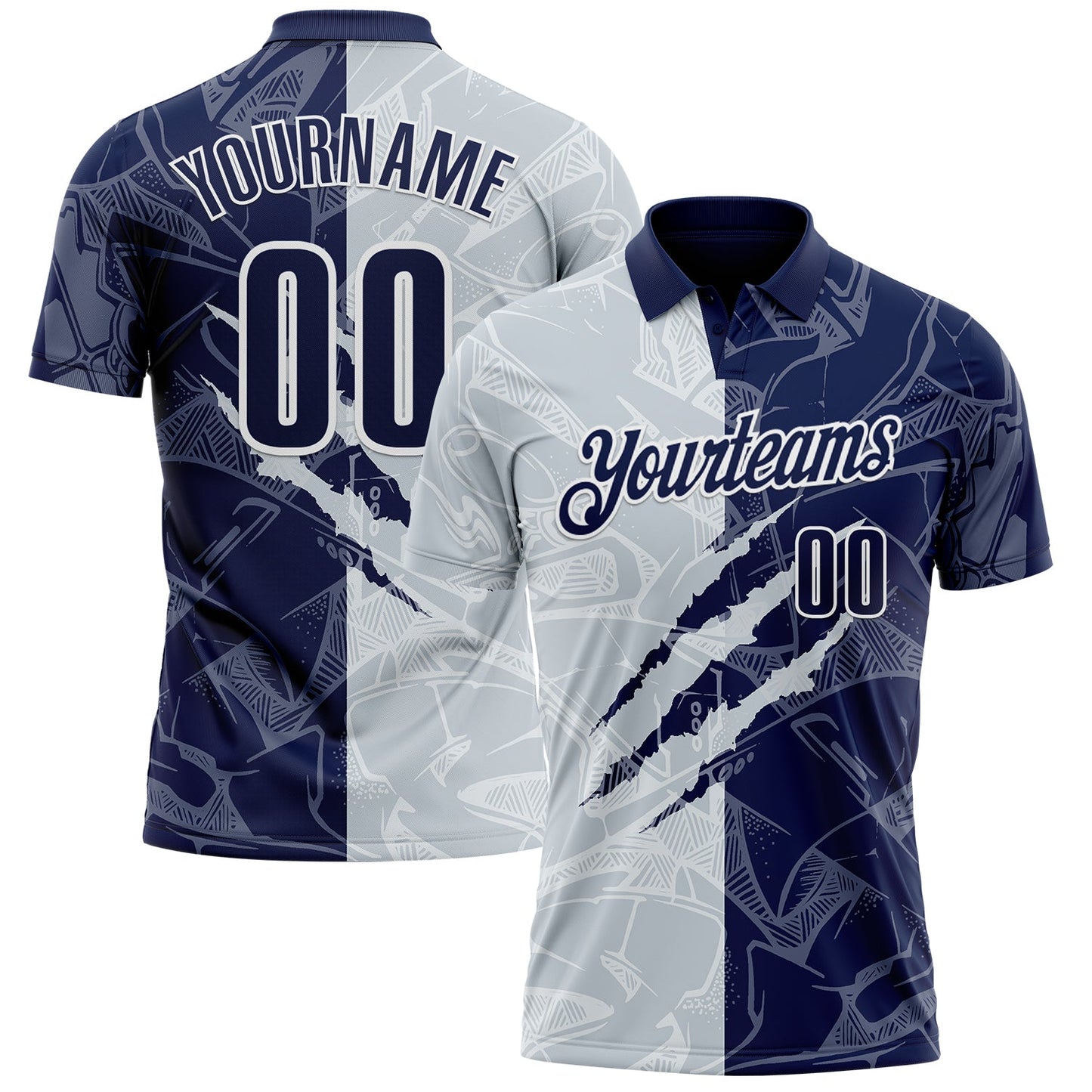 Custom Graffiti Pattern Navy Silver-White 3D Scratch Performance Polo Shirt - Main View