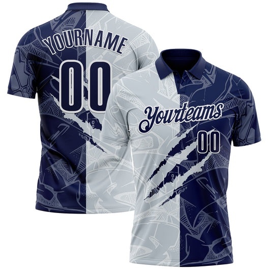Custom Graffiti Pattern Navy Silver-White 3D Scratch Performance Polo Shirt - Main View